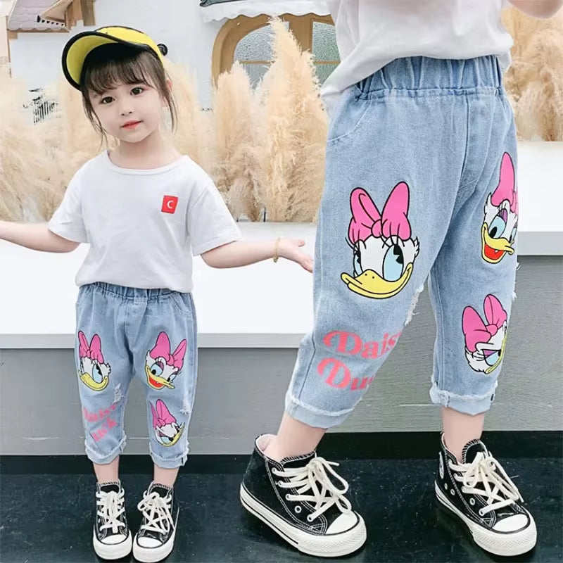 Spring & Summer Toddler Girl Daisy Jeans – Lightweight Loose-Fit Denim Pants