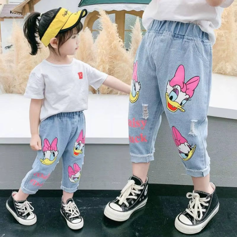 Spring & Summer Toddler Girl Daisy Jeans – Lightweight Loose-Fit Denim Pants