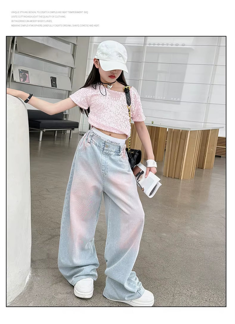 2025 New Korean Style Girls' Loose Wide Leg Jeans, Trendy Straight Leg Pants for Kids (120-170cm)