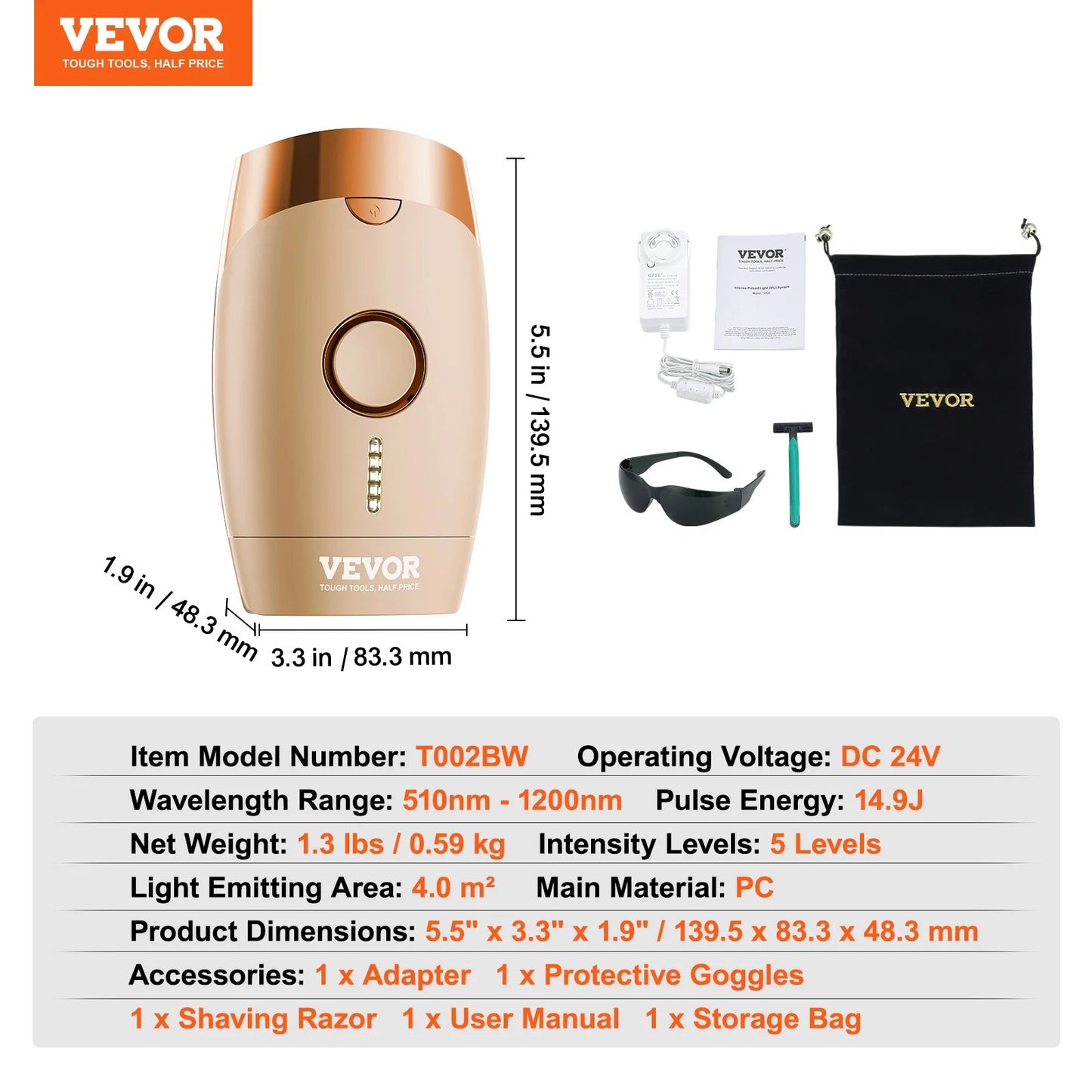 VEVOR IPL Hair Removal – Painless, Permanent Hair Removal for Women & Men | 5 Levels, Auto & Manual Modes | At-Home Laser for Legs, Armpits, Bikini & More