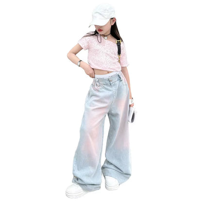 2025 New Korean Style Girls' Loose Wide Leg Jeans, Trendy Straight Leg Pants for Kids (120-170cm)