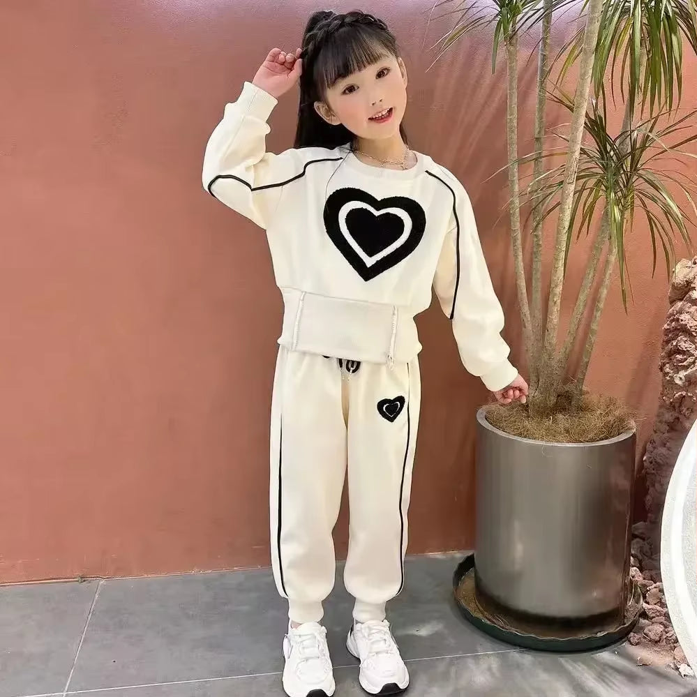 Spring Autumn Girls 2-Piece Sweatshirt & Pant Set, Casual Tracksuit with Print, Kids Sportswear Outfit (1-9 Years)