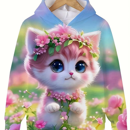 Girls' Cute Cat Print Hoodie Long Sleeve Casual Tops for Kids - Summer & Autumn Outdoor Clothing