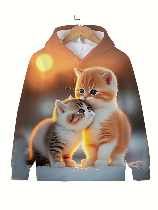 Girls' Cute Cat Print Hoodie Long Sleeve Casual Tops for Kids - Summer & Autumn Outdoor Clothing