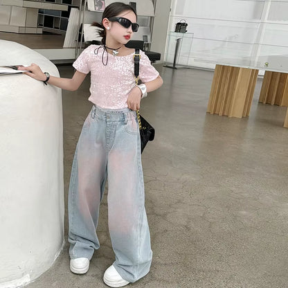 2025 New Korean Style Girls' Loose Wide Leg Jeans, Trendy Straight Leg Pants for Kids (120-170cm)