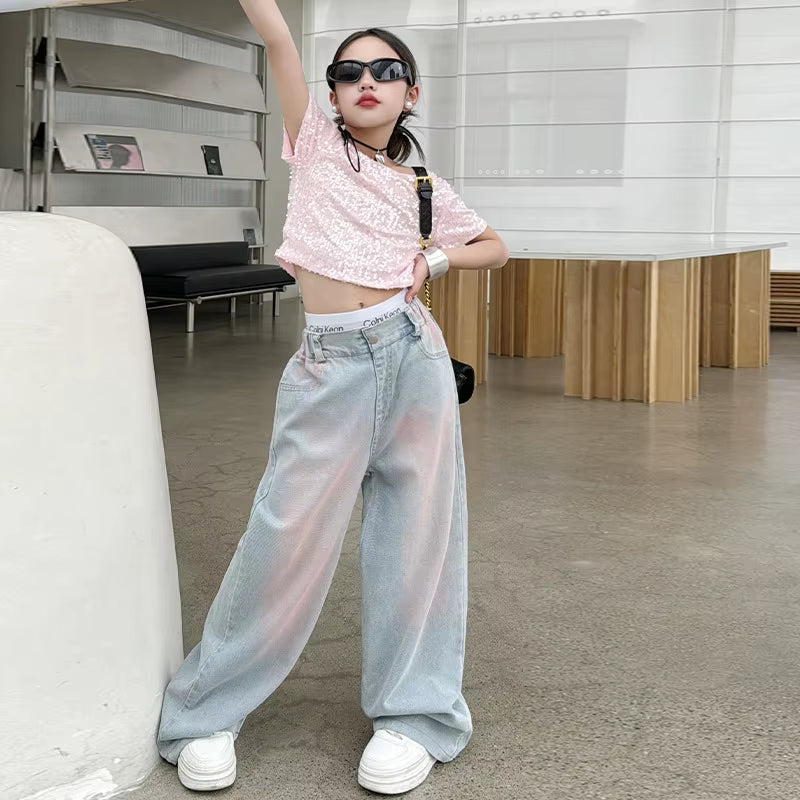 2025 New Korean Style Girls' Loose Wide Leg Jeans, Trendy Straight Leg Pants for Kids (120-170cm)