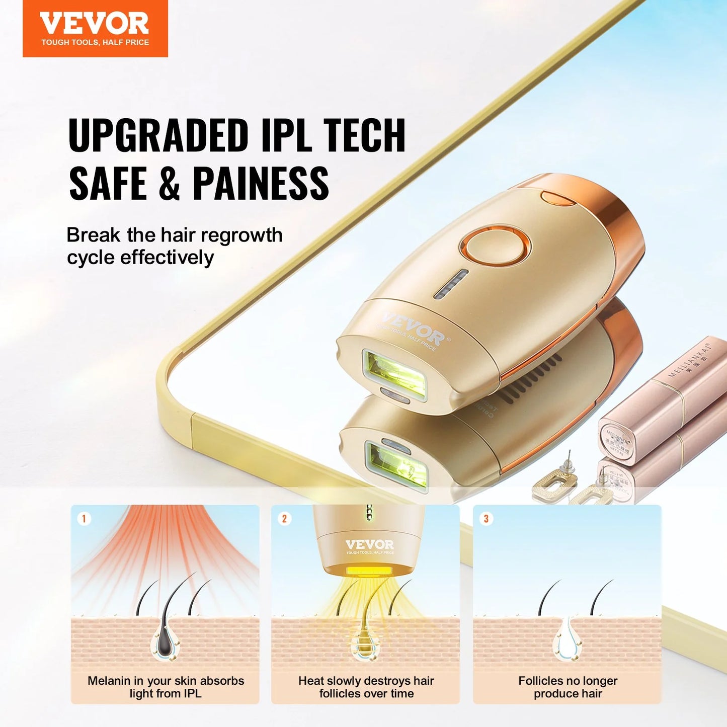 VEVOR IPL Hair Removal – Painless, Permanent Hair Removal for Women & Men | 5 Levels, Auto & Manual Modes | At-Home Laser for Legs, Armpits, Bikini & More