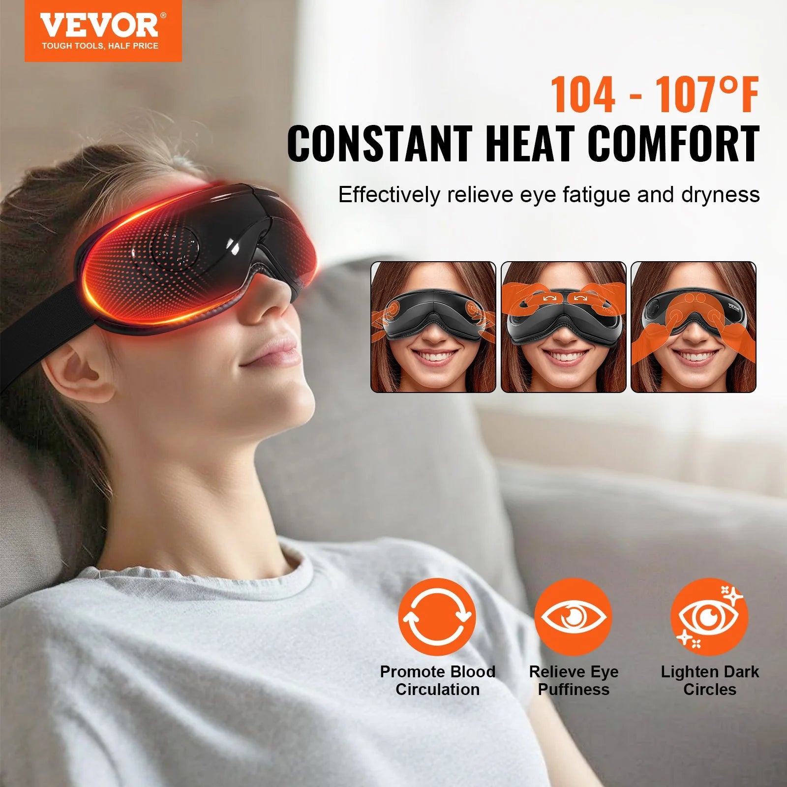 VEVOR Heated Eye Massager – 5 Modes, Bluetooth Music, 180° Foldable Relaxation Device