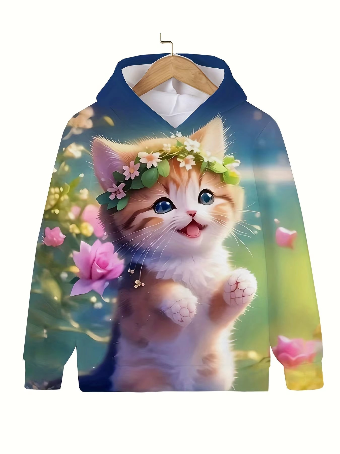 Girls' Cute Cat Print Hoodie Long Sleeve Casual Tops for Kids - Summer & Autumn Outdoor Clothing