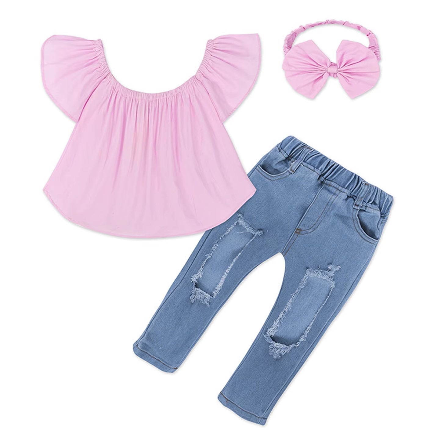 Toddler Girls 3-Piece Outfit – Off-Shoulder Top, Ripped Denim Jeans & Headband Set