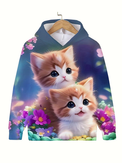 Girls' Cute Cat Print Hoodie Long Sleeve Casual Tops for Kids - Summer & Autumn Outdoor Clothing