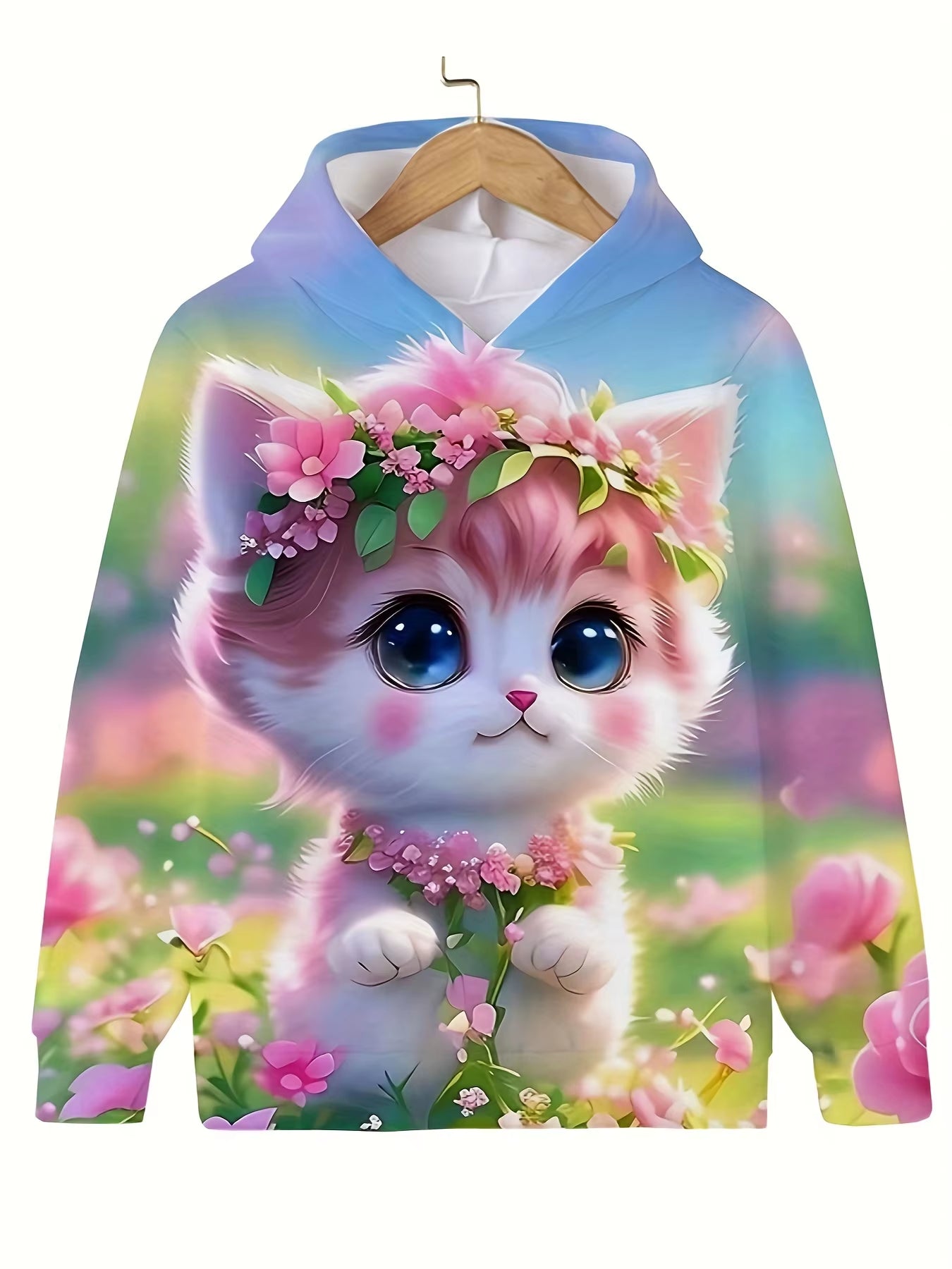 Girls' Cute Cat Print Hoodie Long Sleeve Casual Tops for Kids - Summer & Autumn Outdoor Clothing