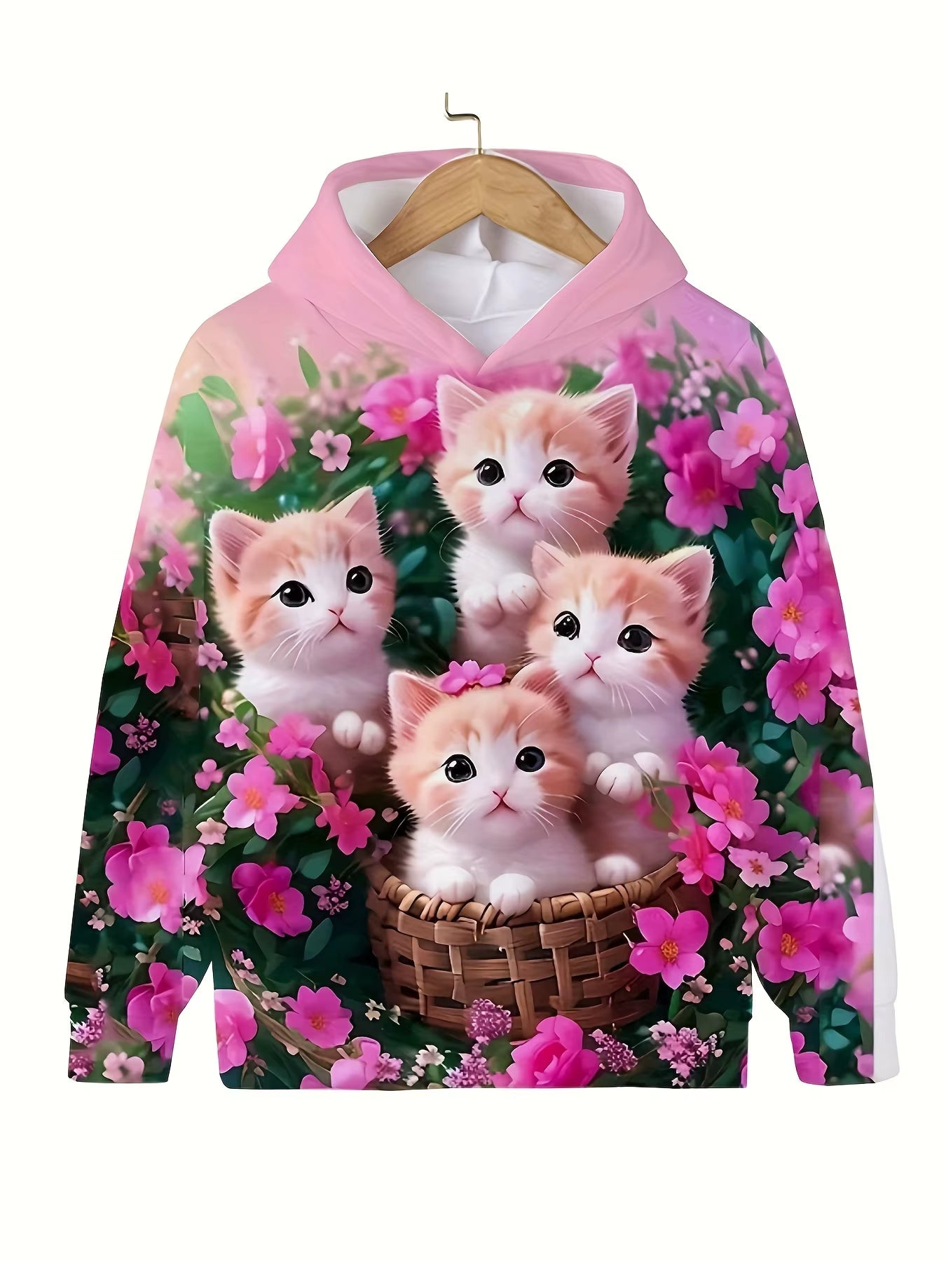 Girls' Cute Cat Print Hoodie Long Sleeve Casual Tops for Kids - Summer & Autumn Outdoor Clothing