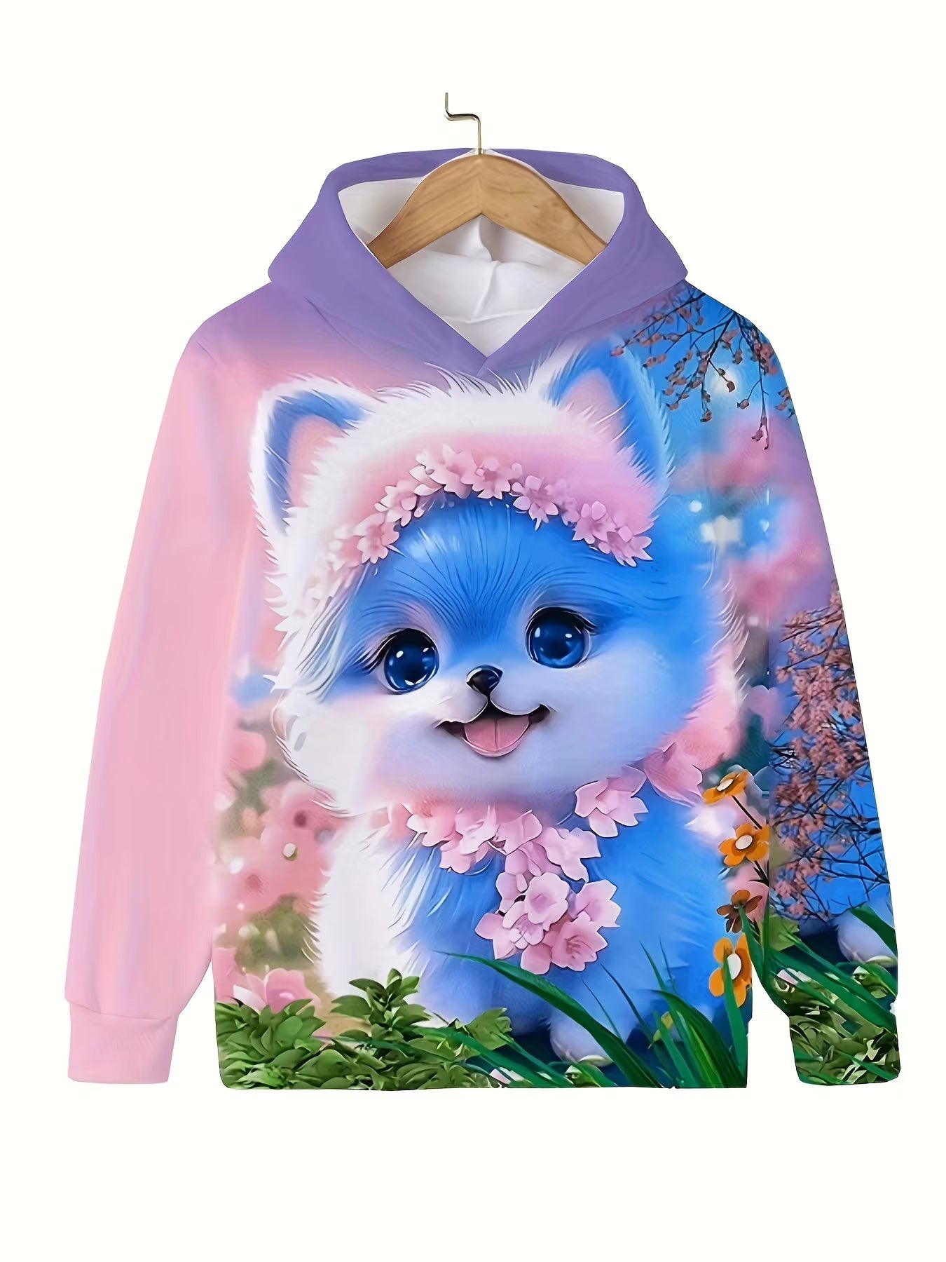 Girls' Cute Cat Print Hoodie Long Sleeve Casual Tops for Kids - Summer & Autumn Outdoor Clothing