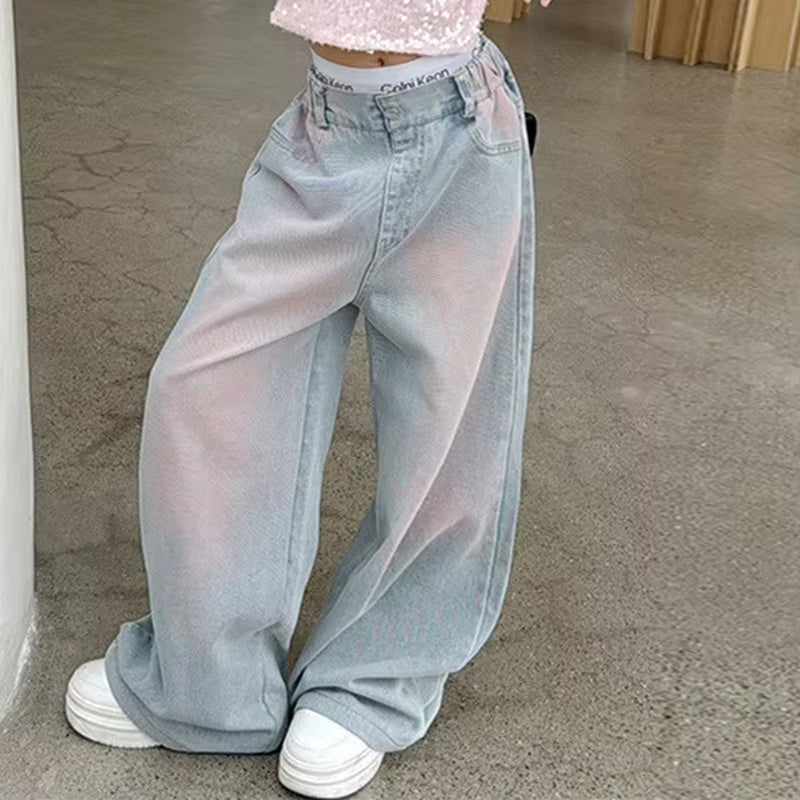 2025 New Korean Style Girls' Loose Wide Leg Jeans, Trendy Straight Leg Pants for Kids (120-170cm)