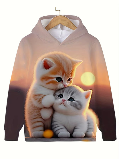 Girls' Cute Cat Print Hoodie Long Sleeve Casual Tops for Kids - Summer & Autumn Outdoor Clothing