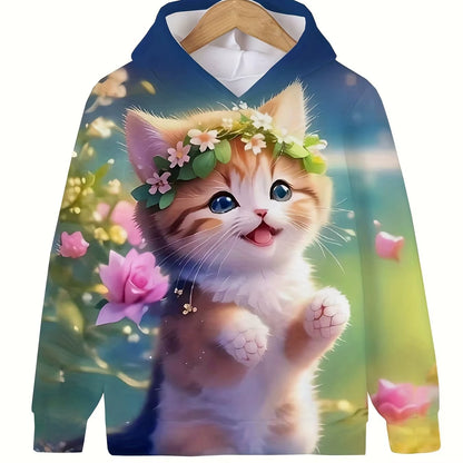 Girls' Cute Cat Print Hoodie Long Sleeve Casual Tops for Kids - Summer & Autumn Outdoor Clothing