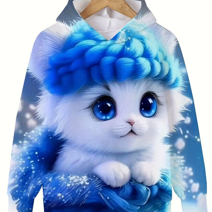 Girls' Cute Cat Print Hoodie Long Sleeve Casual Tops for Kids - Summer & Autumn Outdoor Clothing