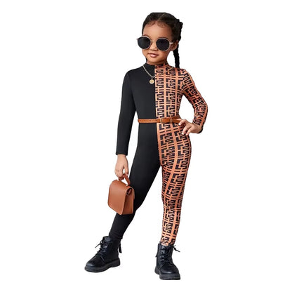 Girls' Patchwork Jumpsuit Set – Long Sleeve Romper Outfit for Kids (1-8 Years)