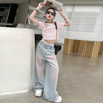 2025 New Korean Style Girls' Loose Wide Leg Jeans, Trendy Straight Leg Pants for Kids (120-170cm)