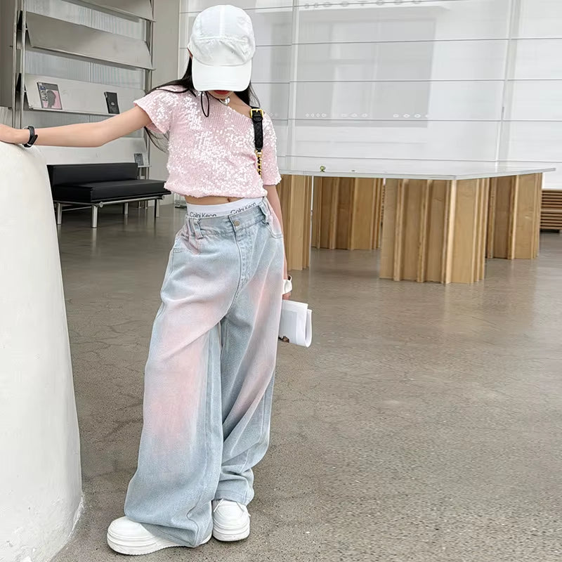 2025 New Korean Style Girls' Loose Wide Leg Jeans, Trendy Straight Leg Pants for Kids (120-170cm)