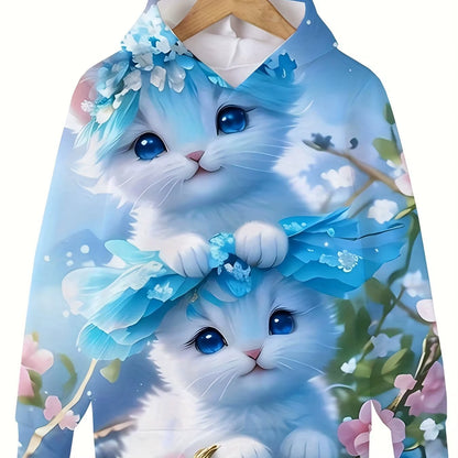 Girls' Cute Cat Print Hoodie Long Sleeve Casual Tops for Kids - Summer & Autumn Outdoor Clothing