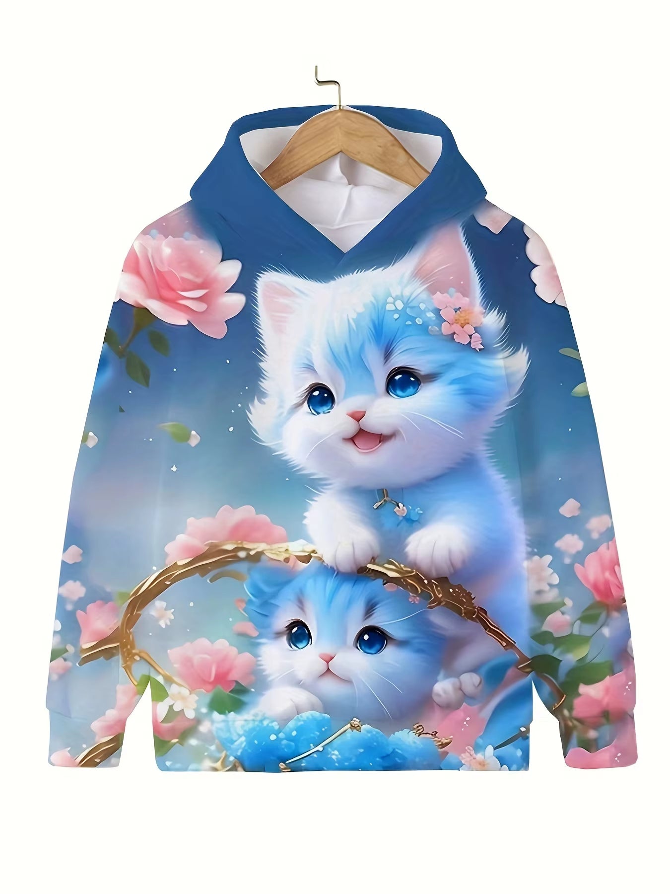 Girls' Cute Cat Print Hoodie Long Sleeve Casual Tops for Kids - Summer & Autumn Outdoor Clothing