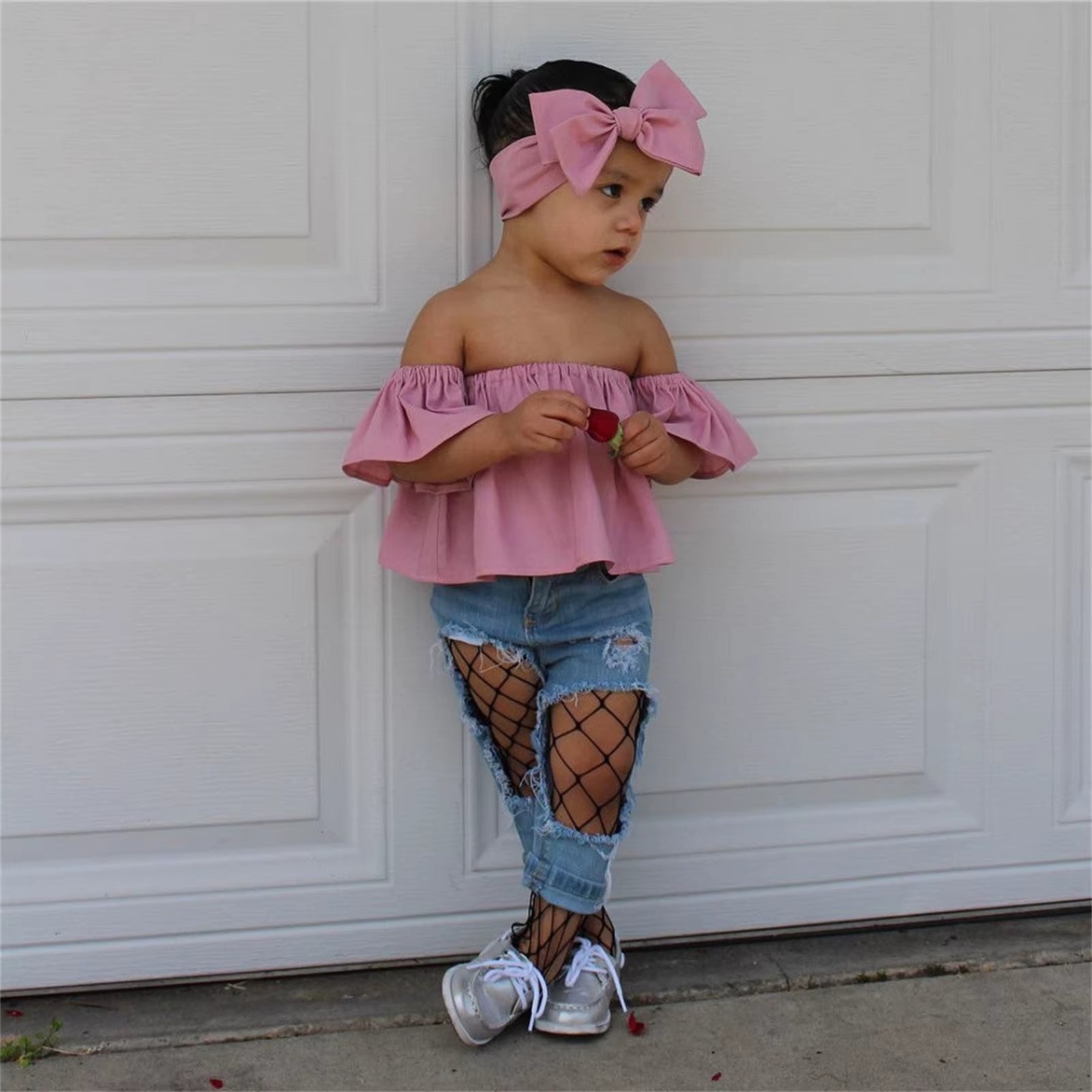 Toddler Girls 3-Piece Outfit – Off-Shoulder Top, Ripped Denim Jeans & Headband Set