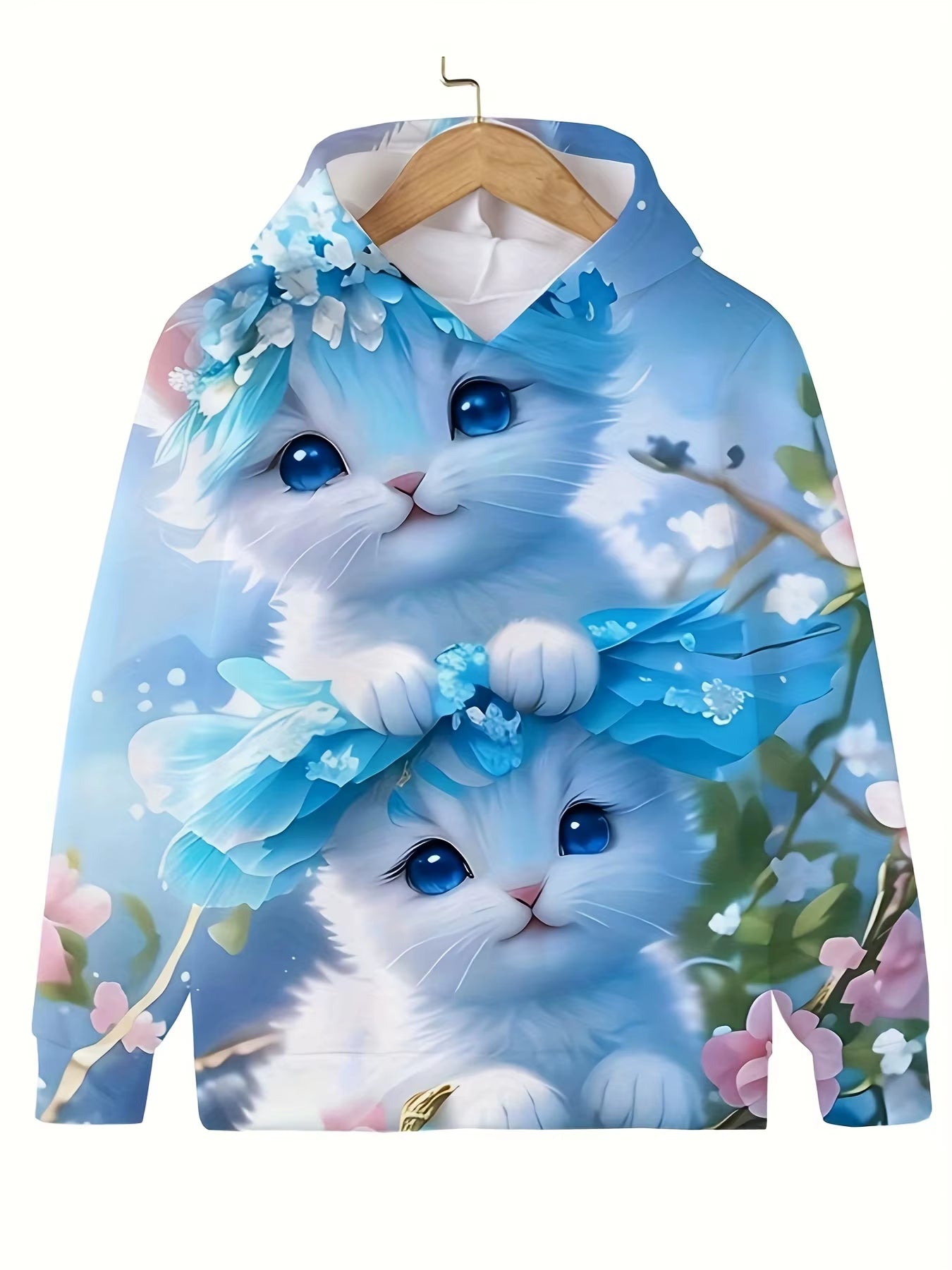 Girls' Cute Cat Print Hoodie Long Sleeve Casual Tops for Kids - Summer & Autumn Outdoor Clothing