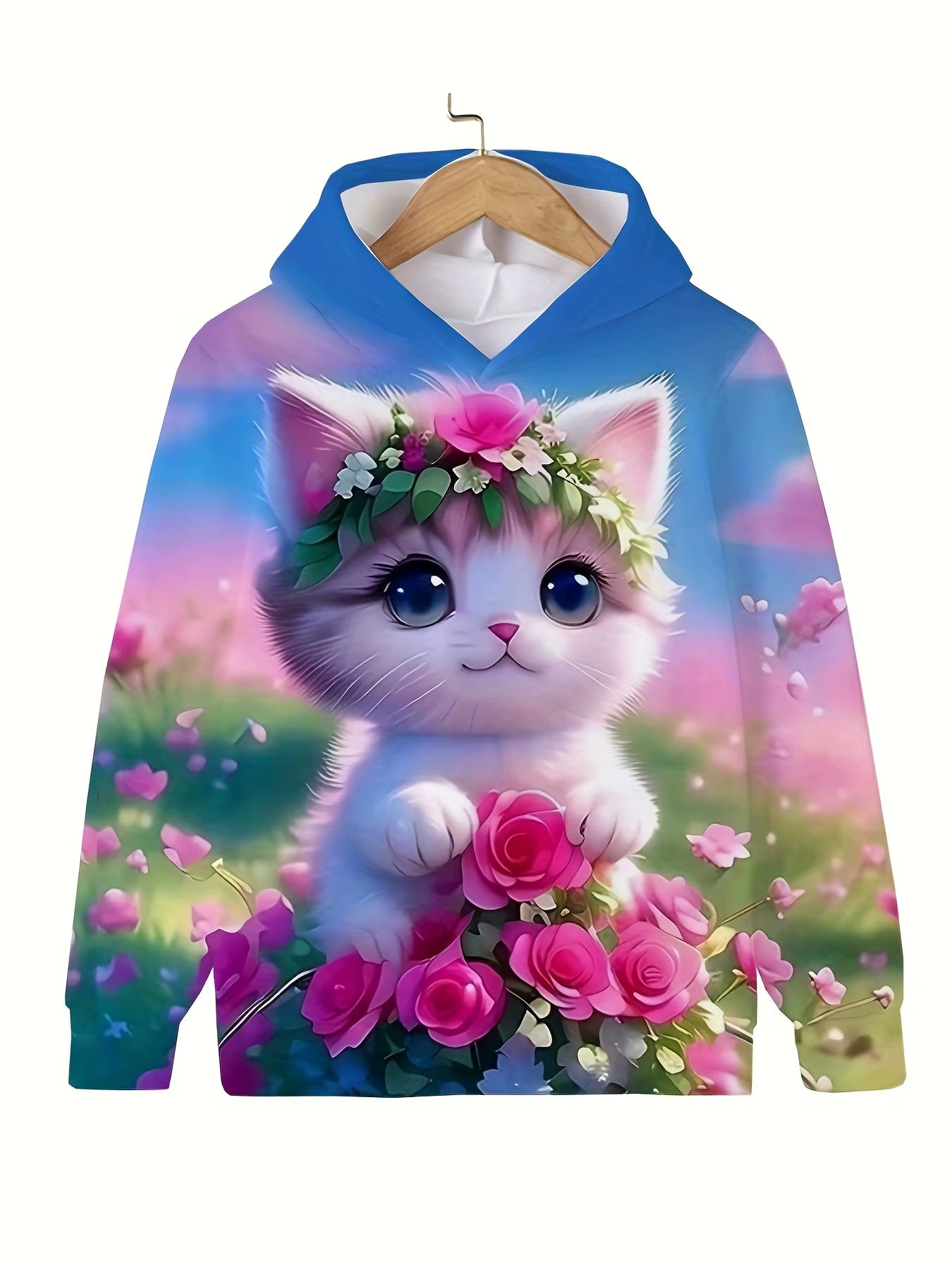 Girls' Cute Cat Print Hoodie Long Sleeve Casual Tops for Kids - Summer & Autumn Outdoor Clothing